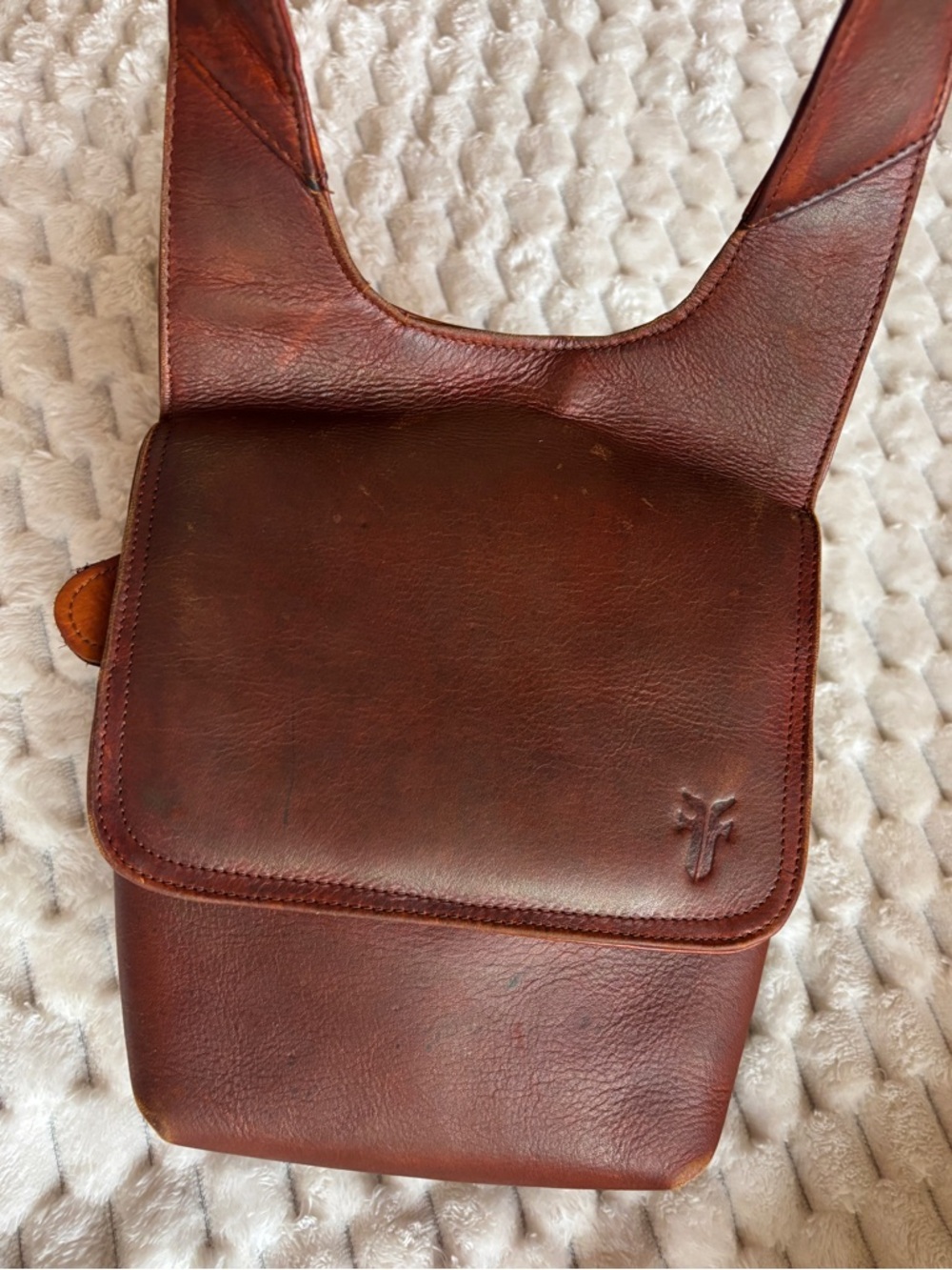 Frye Brown Leather Tooled Crossbody Satchel Bag Organizer messenger